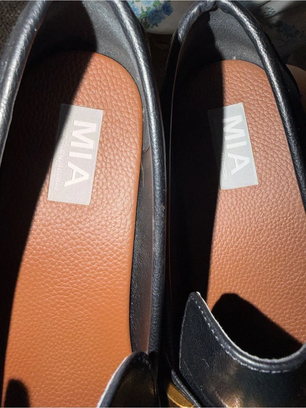 MIA Black Leather Loafers with Gold Chain Accents
